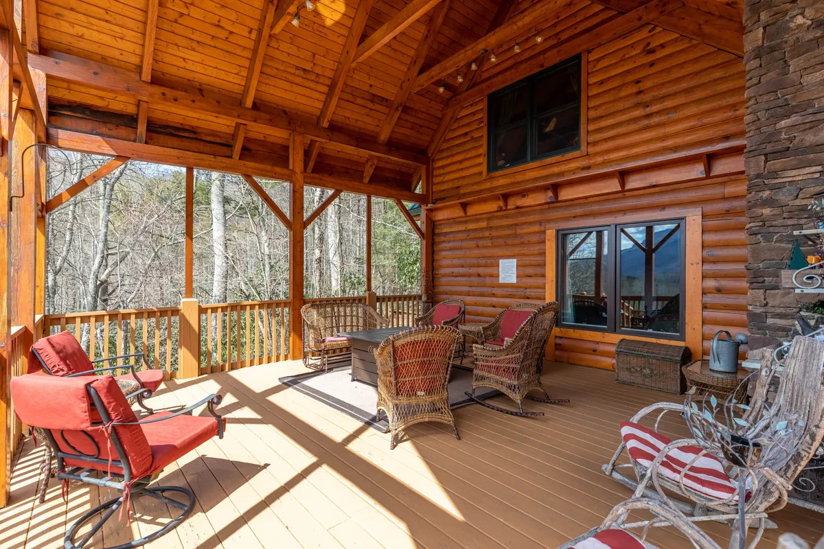 This image shows the cabin's peaceful outdoor seating area, sheltered by wooden beams and furnished with woven chairs. The setting is tranquil, surrounded by trees and nature, creating an ideal atmosphere for unwinding and watching wildlife.
